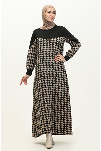 sefamerve فستان أسود منقوش بنقشة Houndstooth - 0183-04