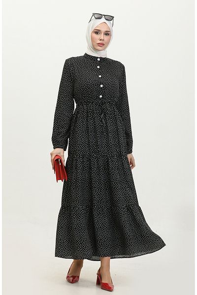 sefamerve Black Polka Dot Patterned Waist Gathered Dress - 0372-02