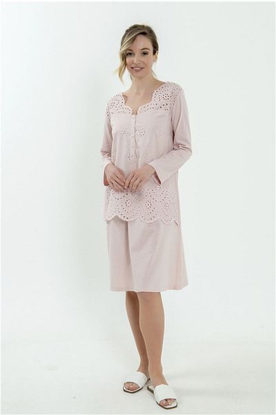 Magic Form 62108 Women's Powder Embroidered Combed Cotton Long Sleeve Maternity Nightgown
