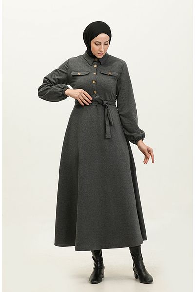 sefamerve Anthracite Cup Dress - Pocket Detailed, Model 0331-01