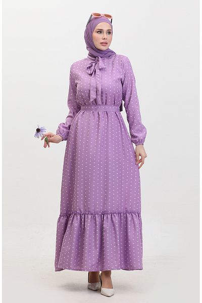 sefamerve Fliederfarbenes Kleid mit Schärpe und Druckknopfmuster – 0383-05
