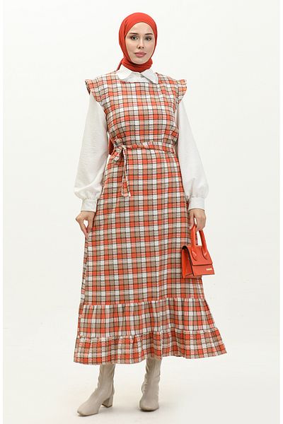 sefamerve Tile Mink Plaid Patterned Gilet - Tweed 0254-02