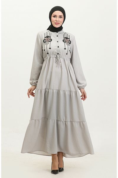 sefamerve Gray Embroidered Drawstring Belt Dress - 0382-02