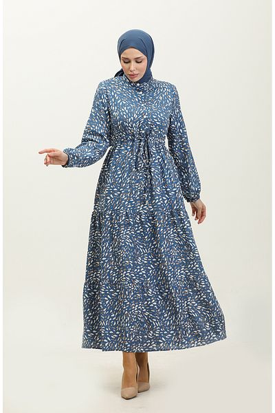 sefamerve Feray Viscose Dress - Buttoned at the Front, Indigo 0339-02