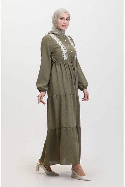 sefamerve Khaki Embroidered Gathered Waist Dress - 0380-05