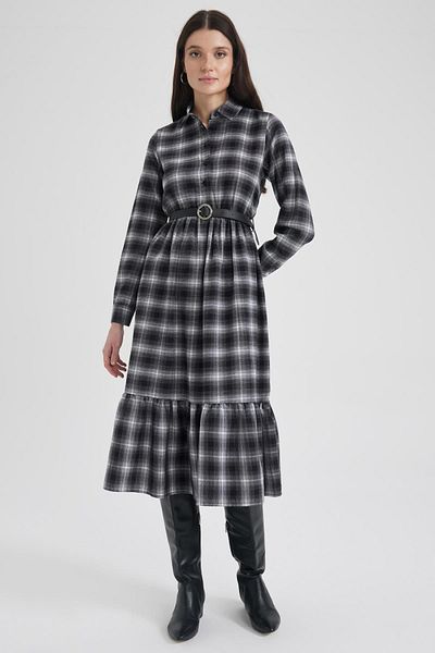 DeFacto Flannel Midi Shirt Collar Long Sleeve Dress - Y9361az22au