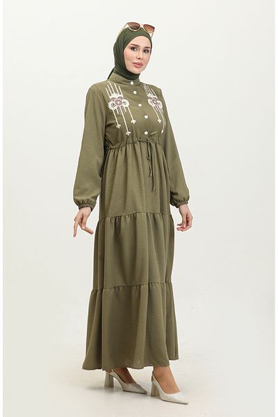 sefamerve Khaki Embroidered Drawstring Belted Dress - 0382-01