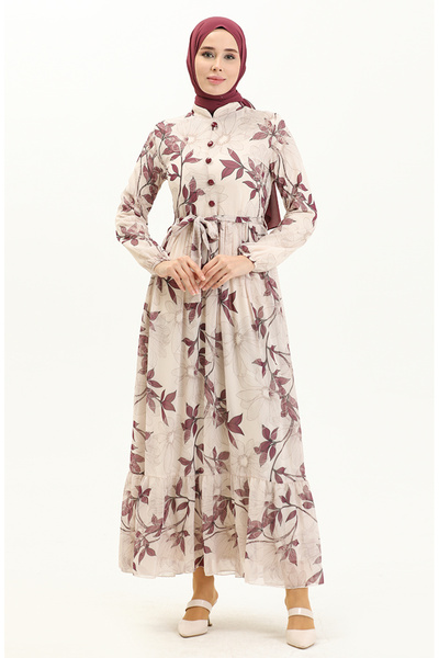 sefamerve فستان شيفون بحزام منقوش باللون الأرجواني الكريمي - 81815-01