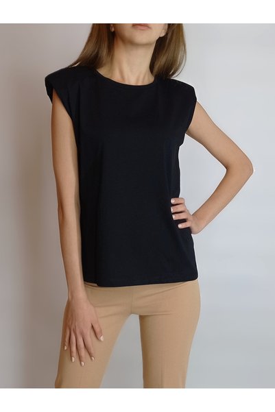 oyagüler WOMEN'S BLACK PADDED SLEEVE- BASIC BASIC T-SHIRT YY101128