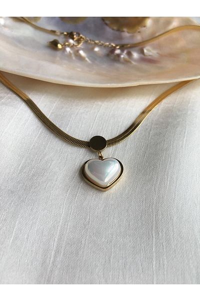 DUOMİNO Fcstore Italian Chain Pearlescent Heart Heart Steel Necklace Women Vintage