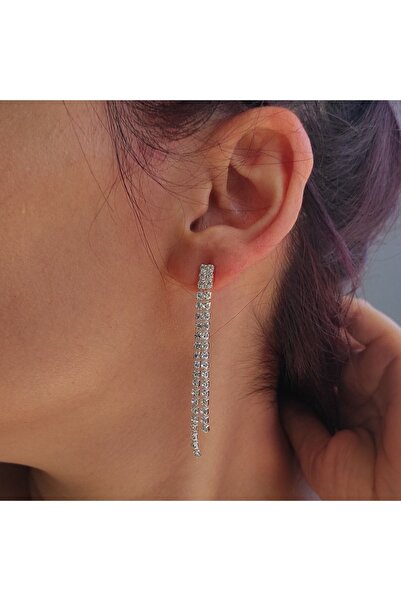 takıbyysm Abiye Küpe Suyolu Model 2 Kol Sallantılı Zirkon Taşlı 6 cm Gümüş Renk