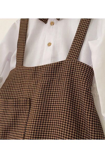 Ares Kids Fashion Brown Houndstooth Short Salopette Shirt And Payon Set Baby And Children's Clothing Boys And Girls Holiday