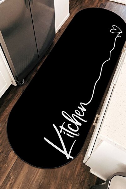 PINKIE HOME Dijital Baskılı Kaymaz Taban Makinede Yıkanabilir Siyah Oval Mutf...