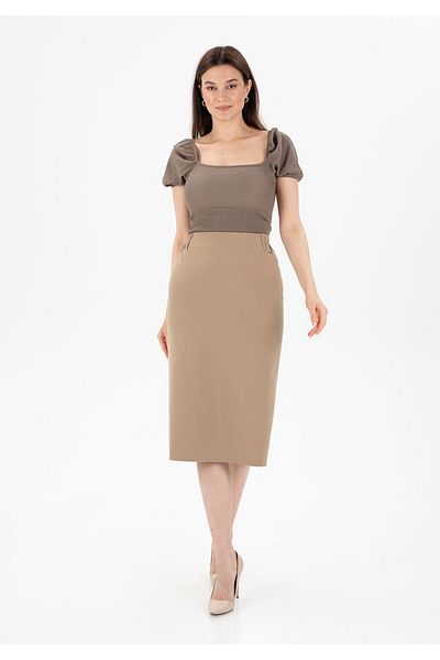 G-Line Camel Midi Size - Μολύβι φούστα με ελαστική μέση και σχισμή στην πλάτη