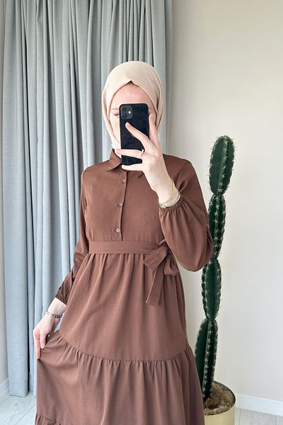 ModaAycan Brown Half Button Dress - MA111