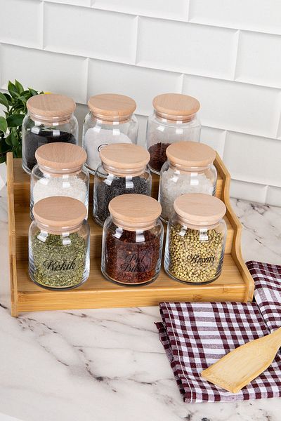 DNS HOME 9-Piece Glass Spice Rack Set with Clear Label - with Wooden Lid and Stand, 300 ml Storage Jar