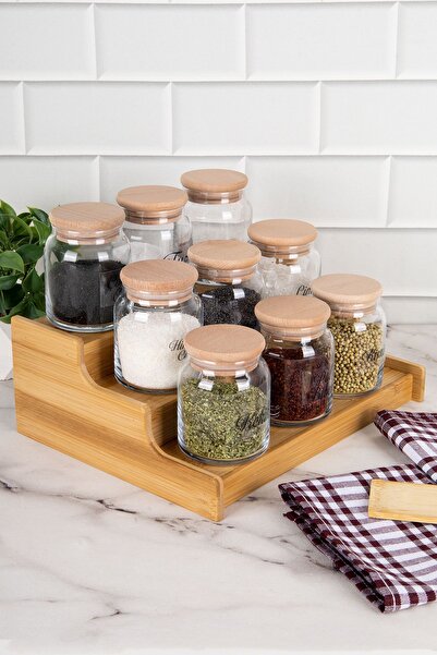 DNS HOME 9-Piece Glass Spice Rack Set with Clear Label - with Wooden Lid and Stand, 300 ml Storage Jar