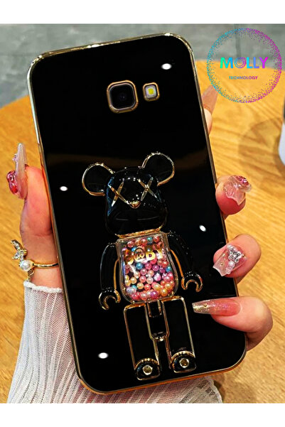 Molly Samsung Galaxy J7 Prime 2 İçin Siyah Bearbrick Standlı Kenarları Gold D...