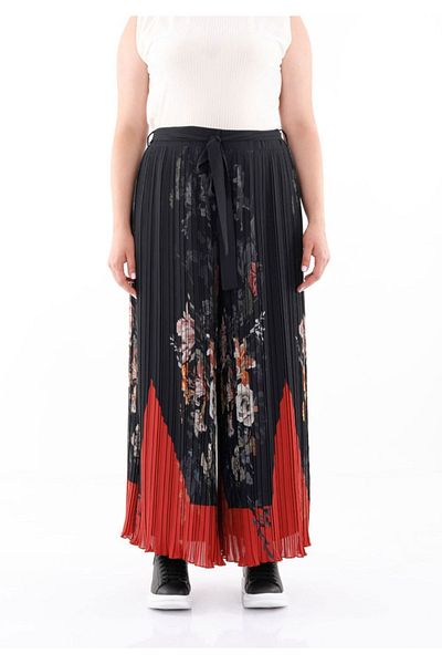 Guzella Red Floral Patterned Black Chiffon Loose Pants - Large Size