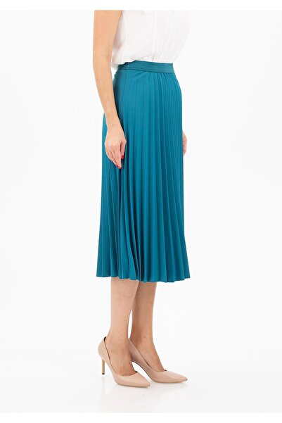 G-Line Petrol Mavisi Midi Boy Beli Lastikli Yüksek Bel Plise Etek
