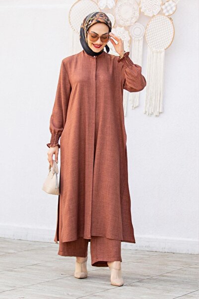 Swana Set pantaloni lungi din in tunică-maro