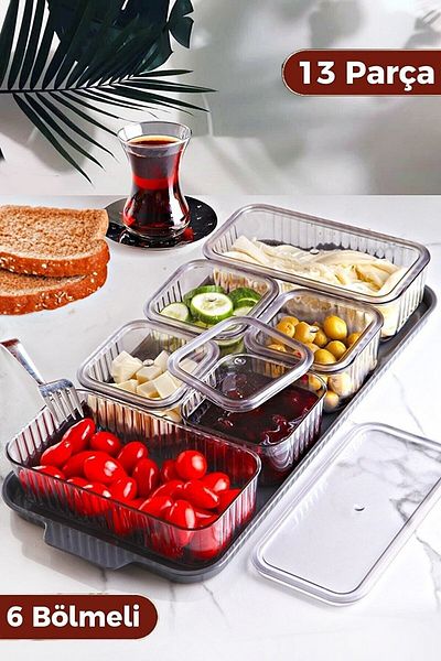 Hünkar Concept 13 Pieces 6 Compartment Breakfast Set with Lid and Tray / Storage Container Acrylic