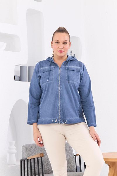 RMG Zipper Detailed Hooded Large Size Indigo Washed Jacket
