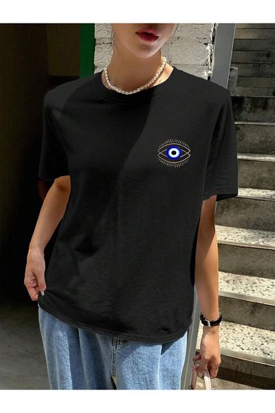 FAVORİST Βαμβακερό κοντό μανίκι (υπερμεγέθη) μπλουζάκι με στάμπα EVIL EYE BEAD & EYE