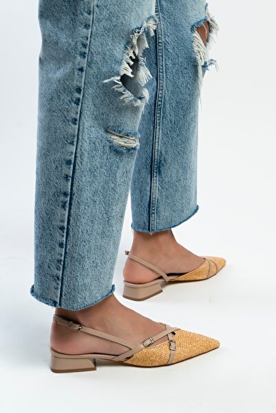 NİŞANTAŞI SHOES Jilly Dark Beige Speciální tkaná slámová přezka Detailní dámské baleríny na krátkém podpatku