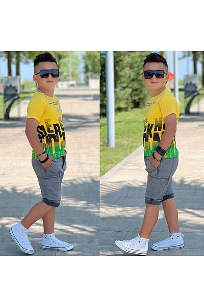 muzur kids Set of 2 - Denim Shorts with Pockets and Printed Suprem T-Shirt
