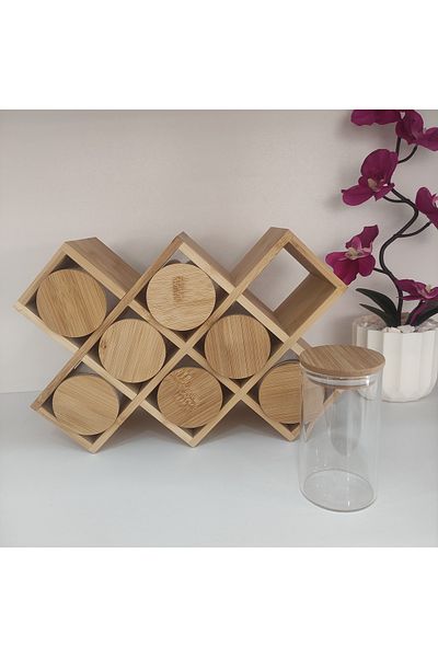 CAM 8-Piece Borosilicat Glass Bamboo Spice Round Bamboo Stand