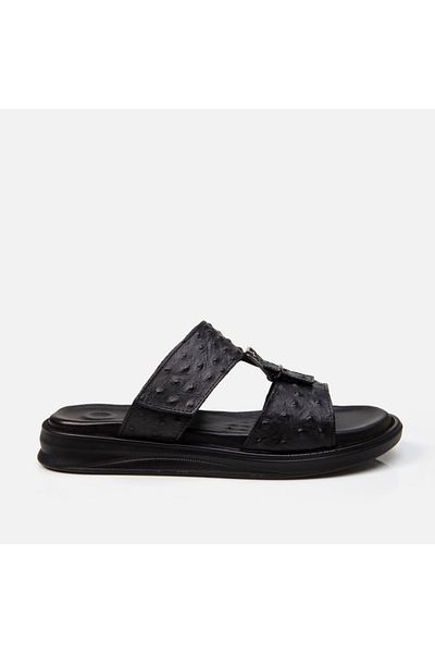 Hotiç Black Genuine Leather Men's Slippers