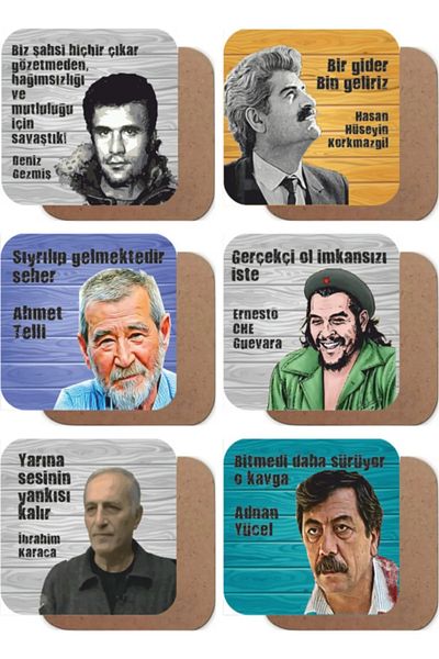 Major Selection Deniz Gezmiş، Che، Adnan Yucel وA Ahmet Telli - مجموعة من 6 أكواب خشبية ذات طابع ثوري