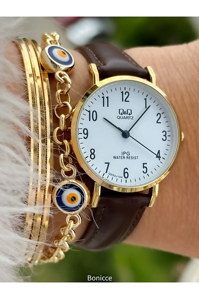 Q&Q Retro Brand - Brown Leather Cord and Yellow Case, Numeral Women's Wristwatch + Bracelet Set