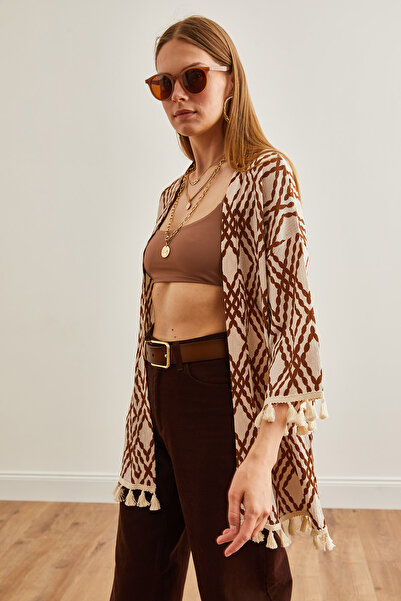 Olalook Neformálne kimono s diamantovým vzorom s hnedým strapcom - KMN-00000056