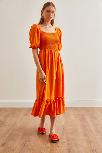 Olalook Kadın Turuncu Roba Gipeli Midi Dokuma Elbise ELB-19002185