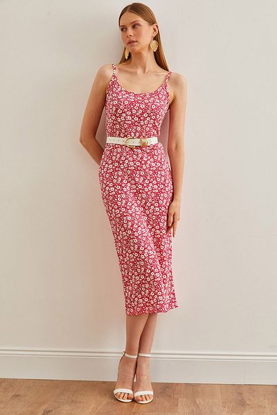 Olalook Ροζ Floral Print Midi Γυναικείο Φόρεμα - Σχοινάκι και σκίσιμο στο πλάι ELB-19002182