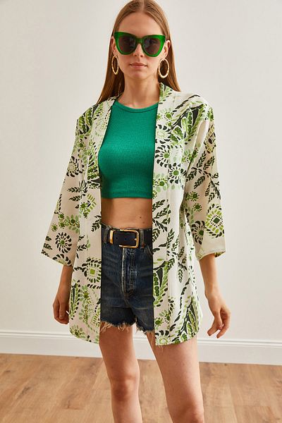Olalook Grüner lässig gewebter Damen-Kimono - Ring KMN-00000049