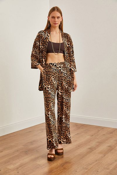Olalook Leopard Patterned Black Kimono and Palazzo Trousers Set - Pocketed TKM-19000293