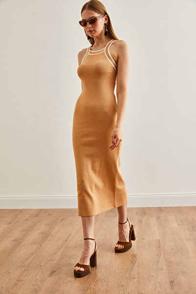 Olalook Beige Maxi Knitwear Dress - Halter Collar, ELB-19002070
