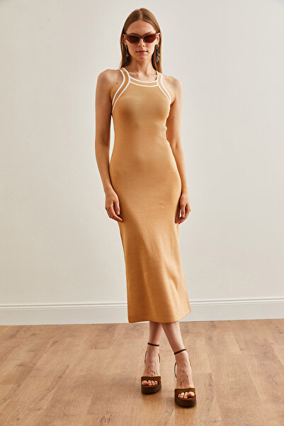 Olalook Beige Maxi Knitwear Dress - Halter Collar, ELB-19002070