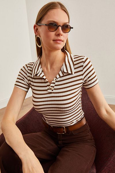Olalook Bitter Brown Lycra Polo límec dámská halenka – tlusté pruhované, zapínané BLZ-19002558