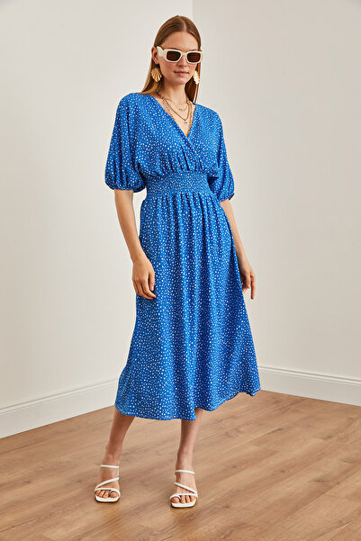 Olalook Dámské puntíkované modré šaty do pasu s dvojitým límcem midi šaty ELB- 19002100