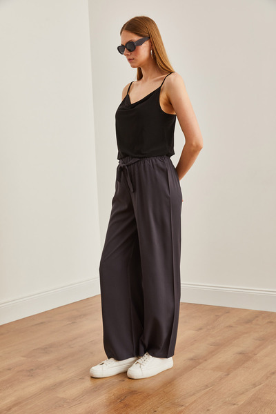 Olalook Kadın Füme Kuşaklı Dokuma Viscon Palazzo Pantolon PNT-19000169