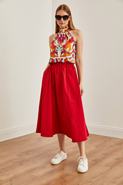 Olalook Kadın Kırmızı Cepli Beli Lastikli Midi Dokuma Çan Etek ETK-19000271