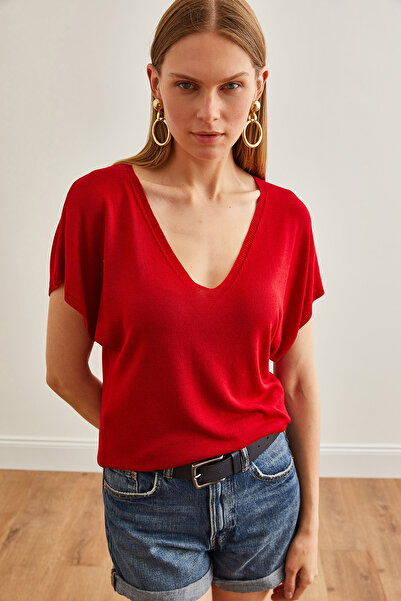 Olalook Red V-Neck Knitwear Basic Blouse - Flowy Design BLZ-19002663