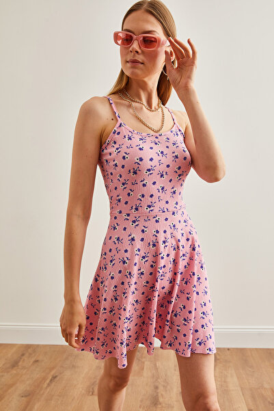 Olalook Γυναικείο φλοράλ ροζ σχοινί λουράκι πλεκτό μίνι φαρδύ φόρεμα ELB- 19001685