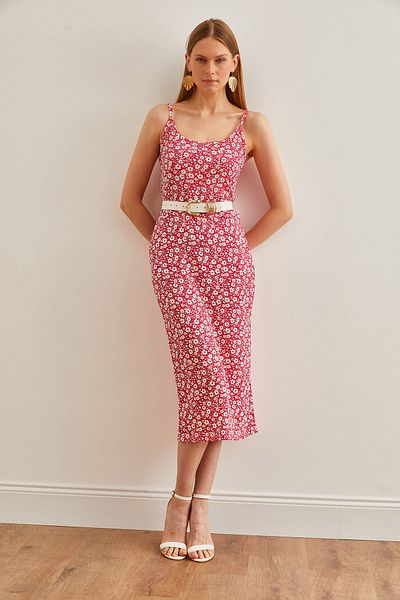 Olalook Ροζ Floral Print Midi Γυναικείο Φόρεμα - Σχοινάκι και σκίσιμο στο πλάι ELB-19002182