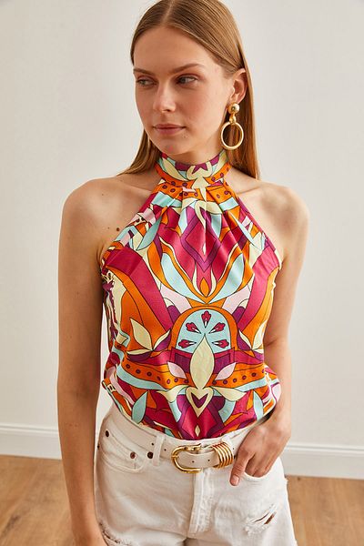 Olalook Colorful Halter Neck Women's Blouse - Buttoned, Flowy BLZ-19002673