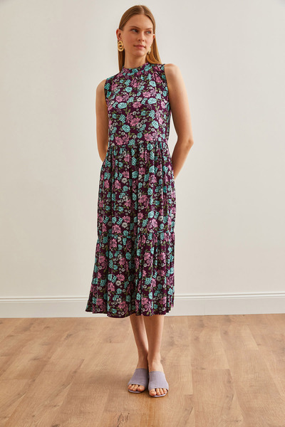 Olalook Kadın Mor Yakası Bağlamalı Midi Dokuma Elbise ELB-19002184